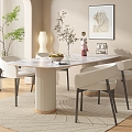 Modern Cream Style Marble Dining Table and Chair Combination Fabric Backrest Chair Book Ornaments Potted Plant Decorative Painting Carpet 3d model