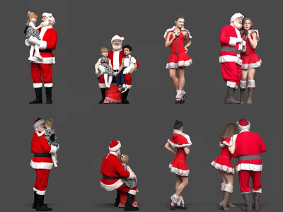 Elderly Man In Santa Costume Interacting With Family And Children In Festive Poses 3d model