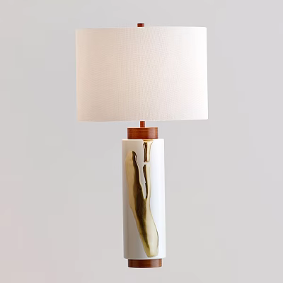 Stylish Table Lamp With White Fabric Shade And White Base With Gold Pattern 3d model