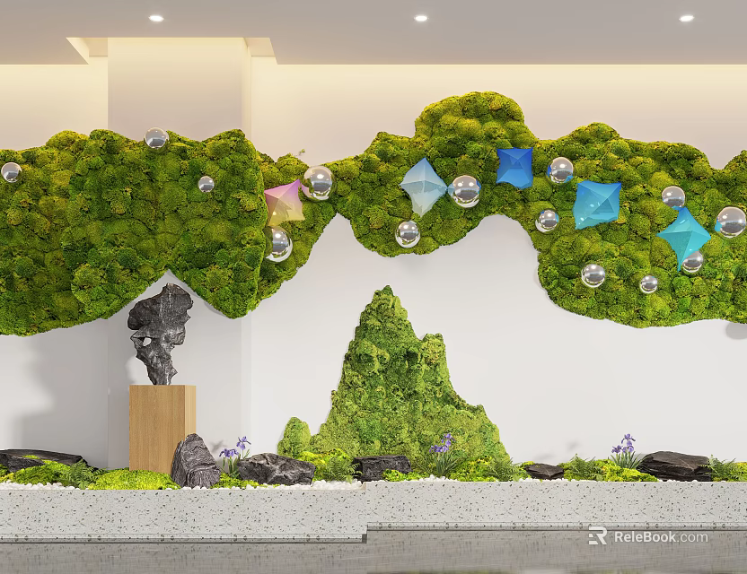 Indoor Landscape With Green Moss Wall Hanging Decorative Balls Rockery And Stones 3d model 
