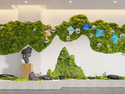 Indoor Landscape With Green Moss Wall Hanging Decorative Balls Rockery And Stones 3d model