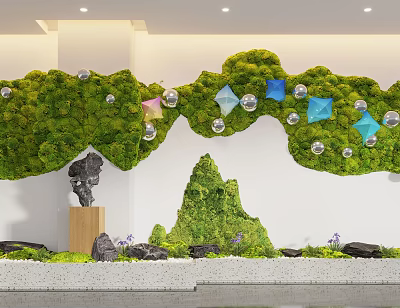 Indoor Landscape With Green Moss Wall Hanging Decorative Balls Rockery And Stones 3d model