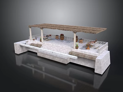 Outdoor Stone Platform With Thatch Roof Columns Clay Pots And Decorative Plants 3d model