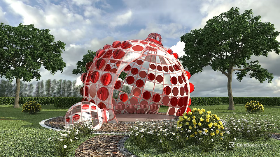 Red Spherical Art Installation In Outdoor Garden With Trees And Flowers 3d model 