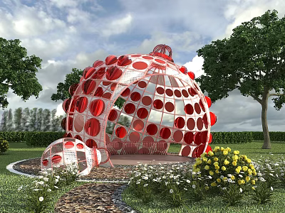 Red Spherical Art Installation In Outdoor Garden With Trees And Flowers 3d model
