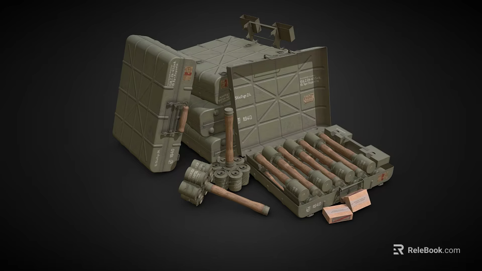 Open Military Weapon Case Containing Ammunition Grenades Rocket Launcher And Equipment 3d model 