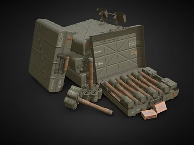 Open Military Weapon Case Containing Ammunition Grenades Rocket Launcher And Equipment 3d model