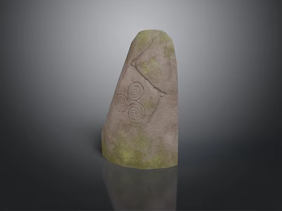 Carved Stone Sculpture With Spiral Patterns And Green Moss Covered Surface 3d model