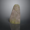 Carved Stone Sculpture With Spiral Patterns And Green Moss Covered Surface