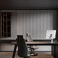 Modern Office Interior With Black Ceiling Gray Walls Strip Lighting And Large Windows