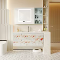 Modern Bathroom Vanity With Floral Pattern Cabinet Illuminated Mirror And Storage Shelves Holding Toiletries