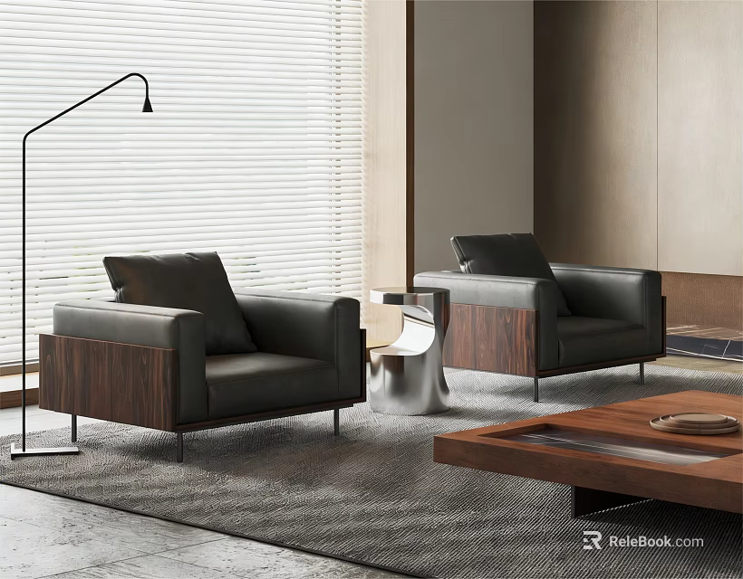 Modern Single Sofa With Leather Upholstery Wooden Frame And Floor Lamp In Living Room 3d model 