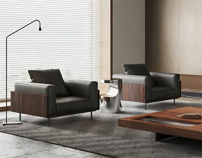 Modern Single Sofa With Leather Upholstery Wooden Frame And Floor Lamp In Living Room 3d model