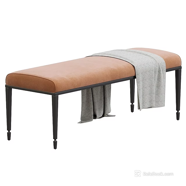 Comfortable Brown Padded Bench With Black Legs And Gray Throw Blanket 3d model
