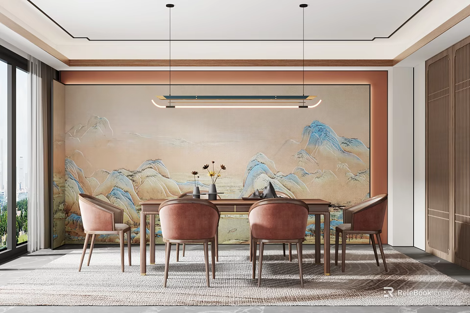 Elegant Restaurant Interior With Mountain Landscape Wall Wooden Dining Table Pink Chairs And Pendant Light 3d model 