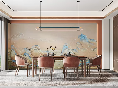 Elegant Restaurant Interior With Mountain Landscape Wall Wooden Dining Table Pink Chairs And Pendant Light 3d model