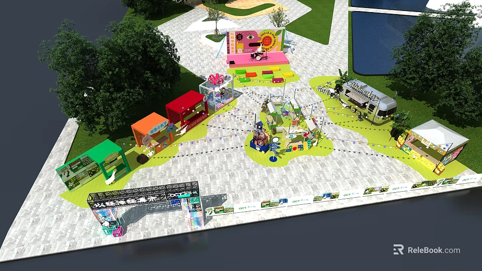 Colorful Children's Playground With Various Play Structures Trees And Green Grass 3d model 
