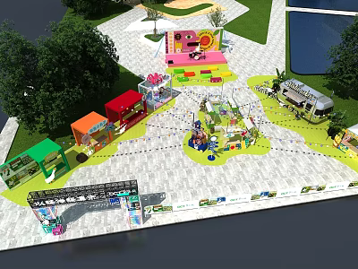 Colorful Children's Playground With Various Play Structures Trees And Green Grass 3d model