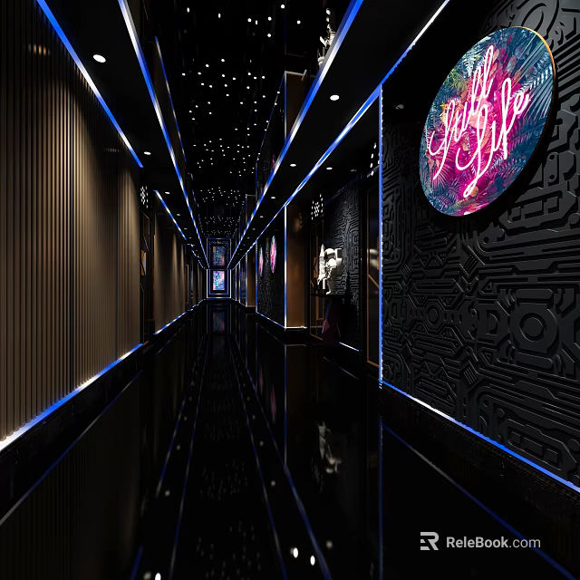 Modern Luxury Elevator Hallway With Neon Lights Black Flooring Blue Light Strips And Decorative Walls 3d model 
