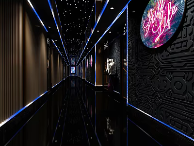 Modern Luxury Elevator Hallway With Neon Lights Black Flooring Blue Light Strips And Decorative Walls 3d model