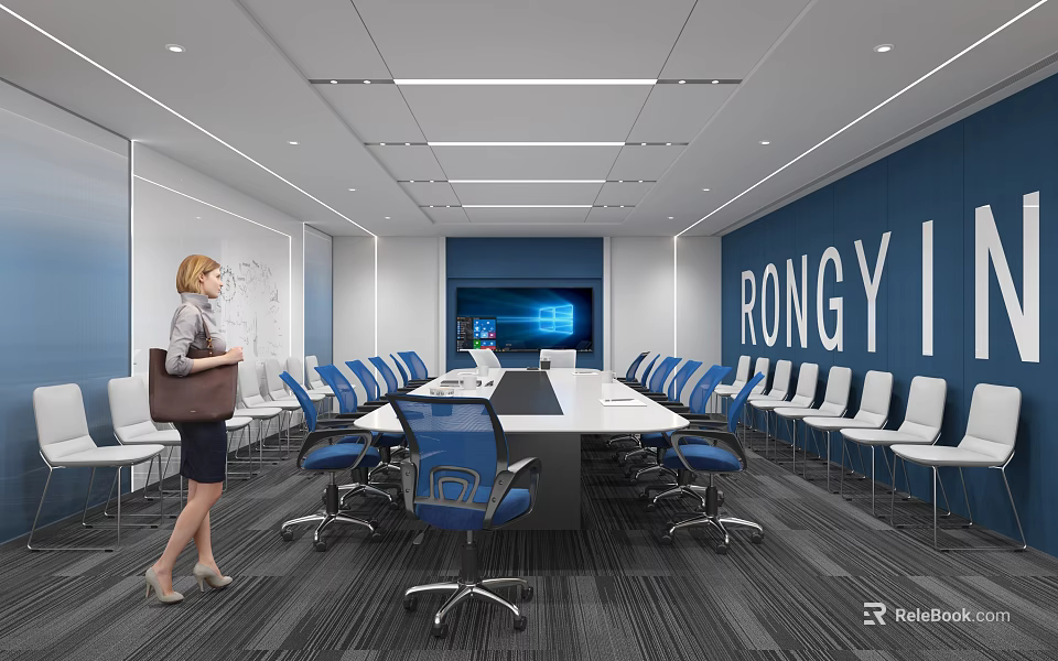 Modern Conference Room With Large Table Blue Chairs Digital Display And Ceiling Lighting 3d model