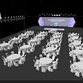 Elegant Banquet Hall With Blue Lighting Stage Logo Round Tables White Tablecloths And Chairs
