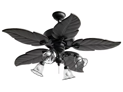 Modern Black Ceiling Fan With Leaf Shaped Blades And Decorative Lights For Living Room 3d model