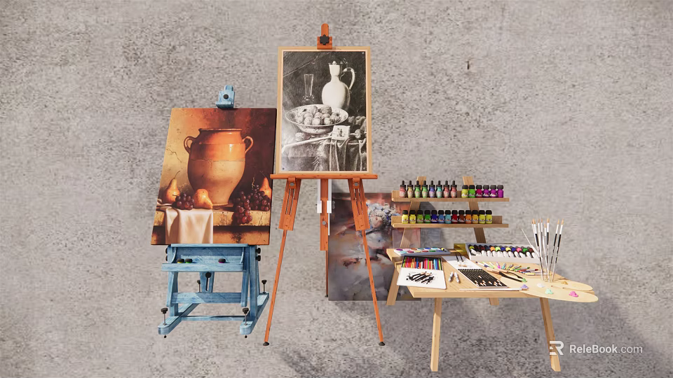 Artist Painting Supplies Setup With Easels Paints Brushes And Still Life Artworks On Table 3d model 