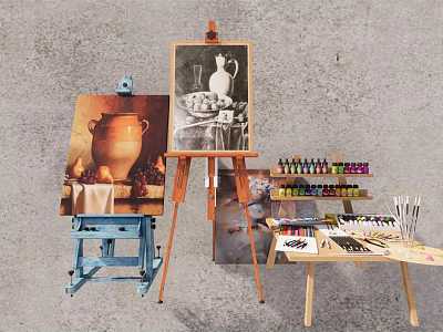 Artist Painting Supplies Setup With Easels Paints Brushes And Still Life Artworks On Table 3d model