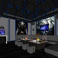 Modern KTV Room Interior Design With Blue Lighting Sofa TV Bar Counter And Futuristic Decor