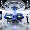 Modern Interactive Exhibition Hall With Circular Digital Installation Blue Lighting And Display Screens 3d model