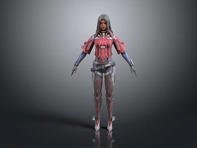 Futuristic Female Game Character With Red And Black Armored Suit And Long Hair 3d model