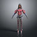 Futuristic Female Game Character With Red And Black Armored Suit And Long Hair