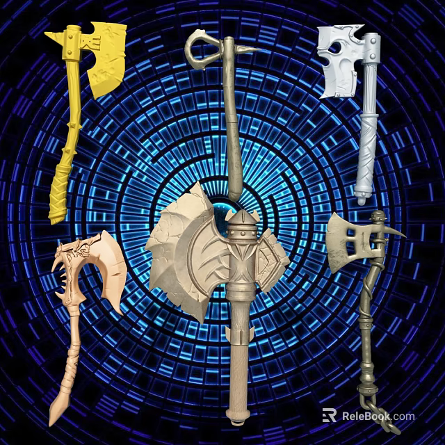 Fantasy Weapons Collection Including Axes Spears And Maces On Blue Circular Background 3d model 