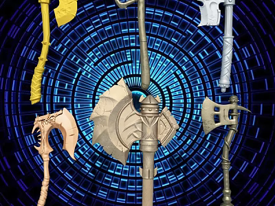 Fantasy Weapons Collection Including Axes Spears And Maces On Blue Circular Background 3d model