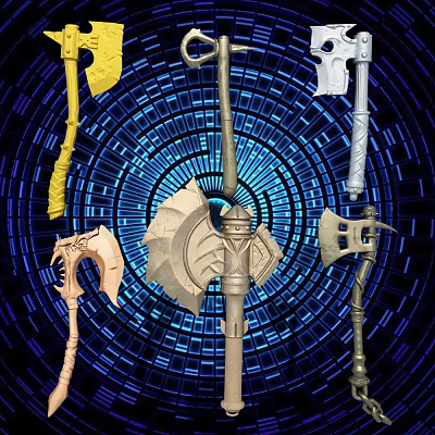Fantasy Weapons Collection Including Axes Spears And Maces On Blue Circular Background 3d model