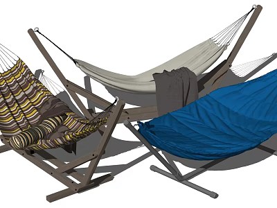 Colorful Hammock with Striped Blue Beige Designs and Wooden Stand for Outdoor Relaxation 3d model