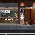 Modern MQ Coffee Shop Exterior With Outdoor Umbrella Seating And Interior Display Shelves