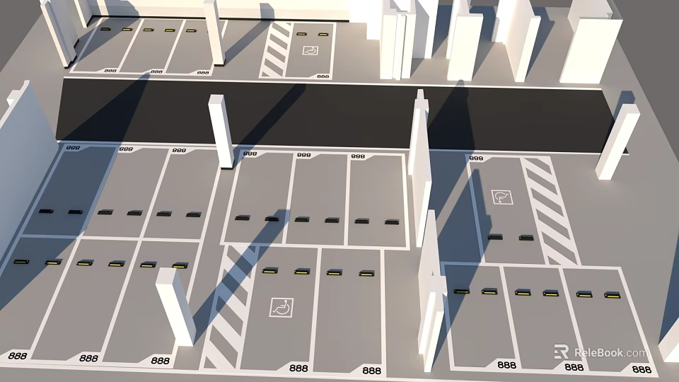 Organized Parking Lot Layout With Marked Spaces And Driveway Access 3d model