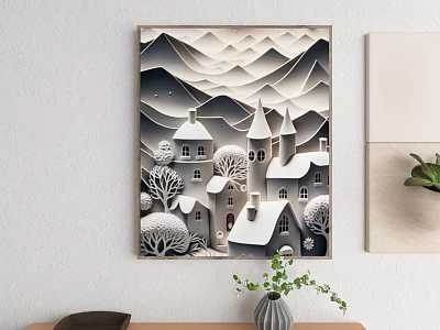 Abstract Wall Art Painting Of Mountain Village With Layered Houses Trees 3d model