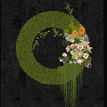 Circular Green Moss Wall Decoration With Colorful Flowers And Hanging Plants