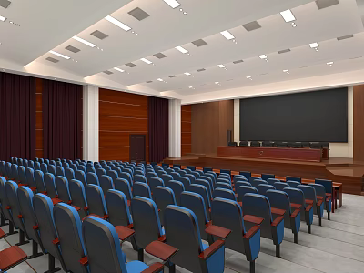 Spacious Conference Room With Blue Seats Rows Platform And Wooden Wall Ceiling Lights 3d model