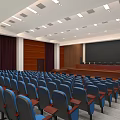 Spacious Conference Room With Blue Seats Rows Platform And Wooden Wall Ceiling Lights