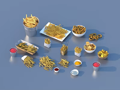 Assorted Crispy French Fries And Snacks With Dipping Sauces On Table 3d model