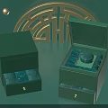 Green Household Storage Boxes With Open Design Blue Square And Round Items Gold Geometric Background Decorations