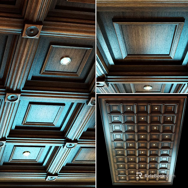 Elegant Wooden Wall Decor With Square Panel Design And Recessed Lighting 3d model 