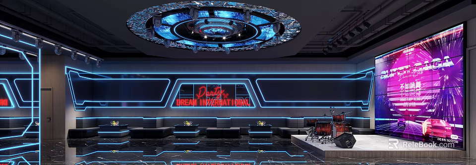 Modern Bar Interior With Neon Lights Red Sign Blue Lighting Circular Ceiling And Black Sofas 3d model