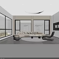 Modern Furniture Showroom Interior With Beige Sofa Black Chair Digital Screen And Glass Doors