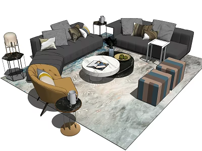 Modern Sofa And Coffee Table Set With Pillows Side Tables Brown Armchair And Rug 3d model