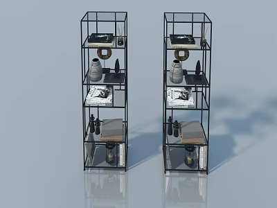 Modern Chandelier Design With Black Metal Shelves And Decorative Items 3d model